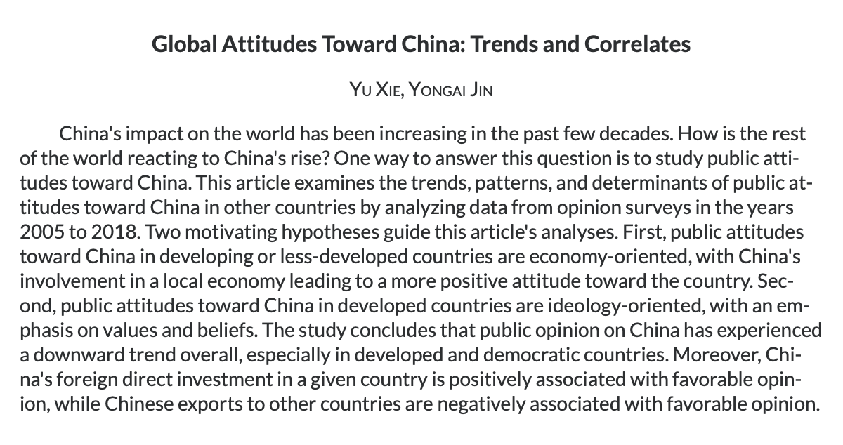 Global Attitudes Toward China: Trends and Correlates Yu Xie (@YuXie3), Yongai Jin tandfonline.com/doi/full/10.10…