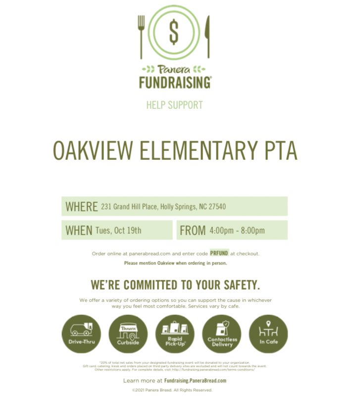 Time for another Spirit Night!
Where: Panera Bread
              231 Grand Hill Place
              Holly  Springs
When:  Tues, Oct 19th
             4:00 PM to 8:00 PM