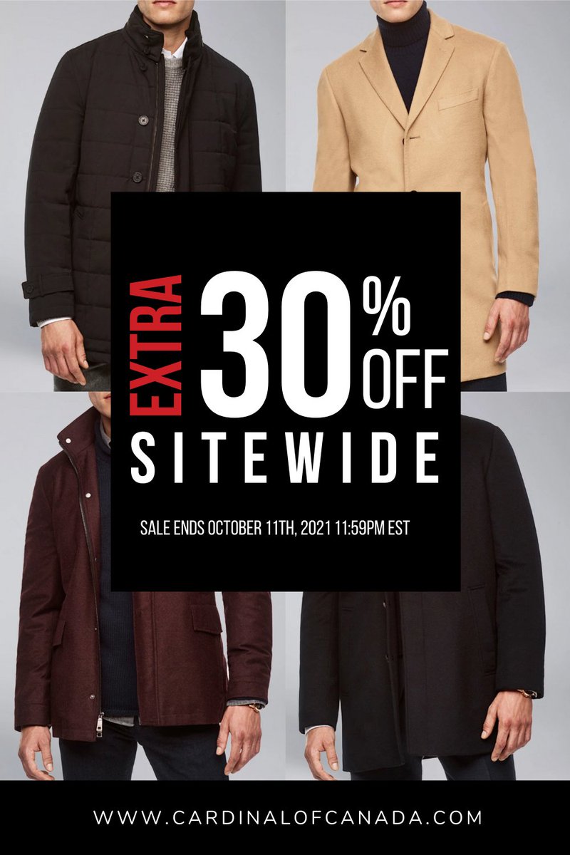 CardinalCanada's tweet photo. Get an additional 30% off sitewide! Shop best selling overcoats, jackets &amp; more at https://t.co/TyWaZap55r

Offer ends Monday, October 11th, 2021 at 11:59PM EST.

#menscoat #mensjacket #menswear #menfashiontips #menfashionblog #menscasualwear #menwithstyle #mensclothing #mensblog https://t.co/y5sILaAJDQ
