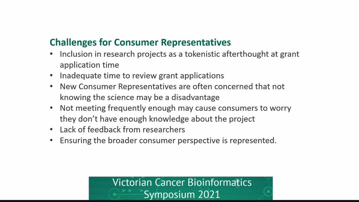 methylnick's tweet image. A very important slide, some of the challenges from a consumer rep perspective. @ccs_cares @VicCanBioinf #vcbs2021