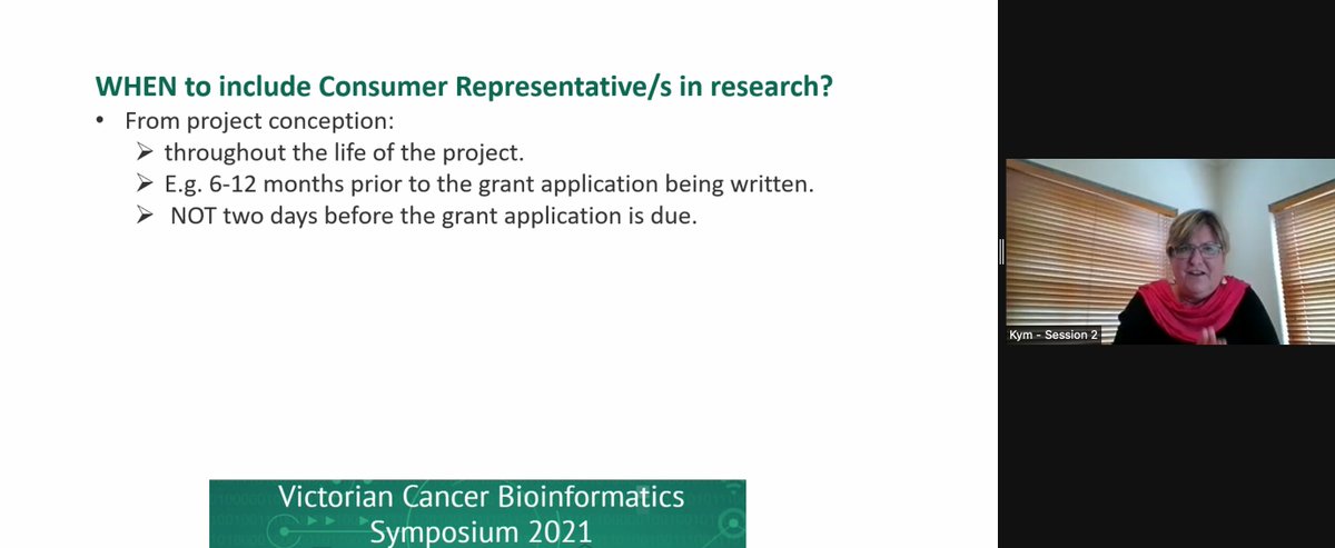 VicCanBioinf's tweet image. KB asks to include consumer representatives early in projects, not last second before grants. Probably an issue many bioinformaticians can relate to. #vcbs2021