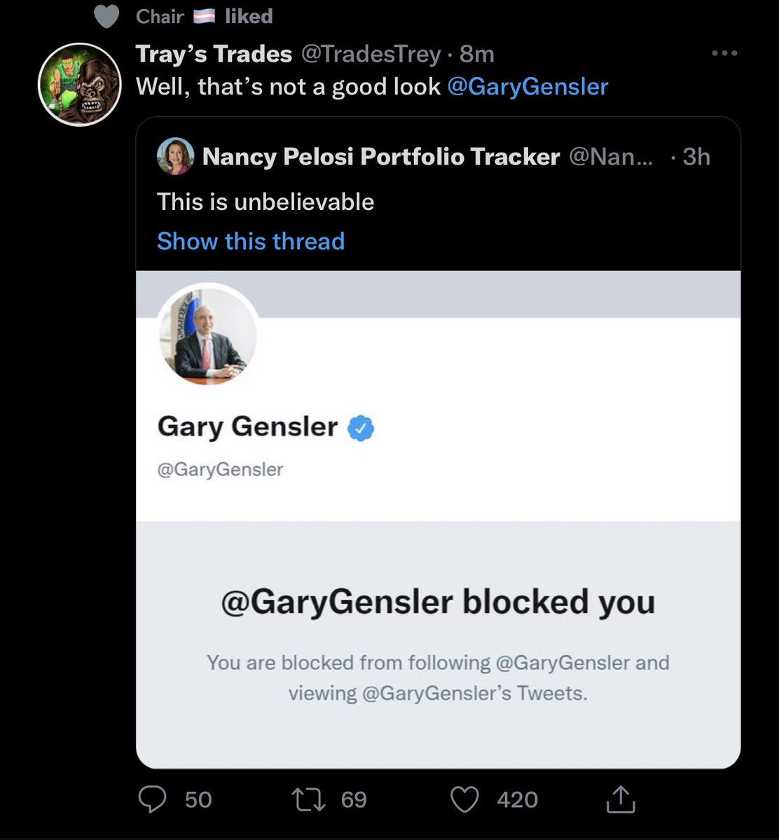 sweareyes's tweet photo. @TradesTrey @GaryGensler 69 Retweets and 420 likes. It’s a sign. https://t.co/hsGuMR2MdV