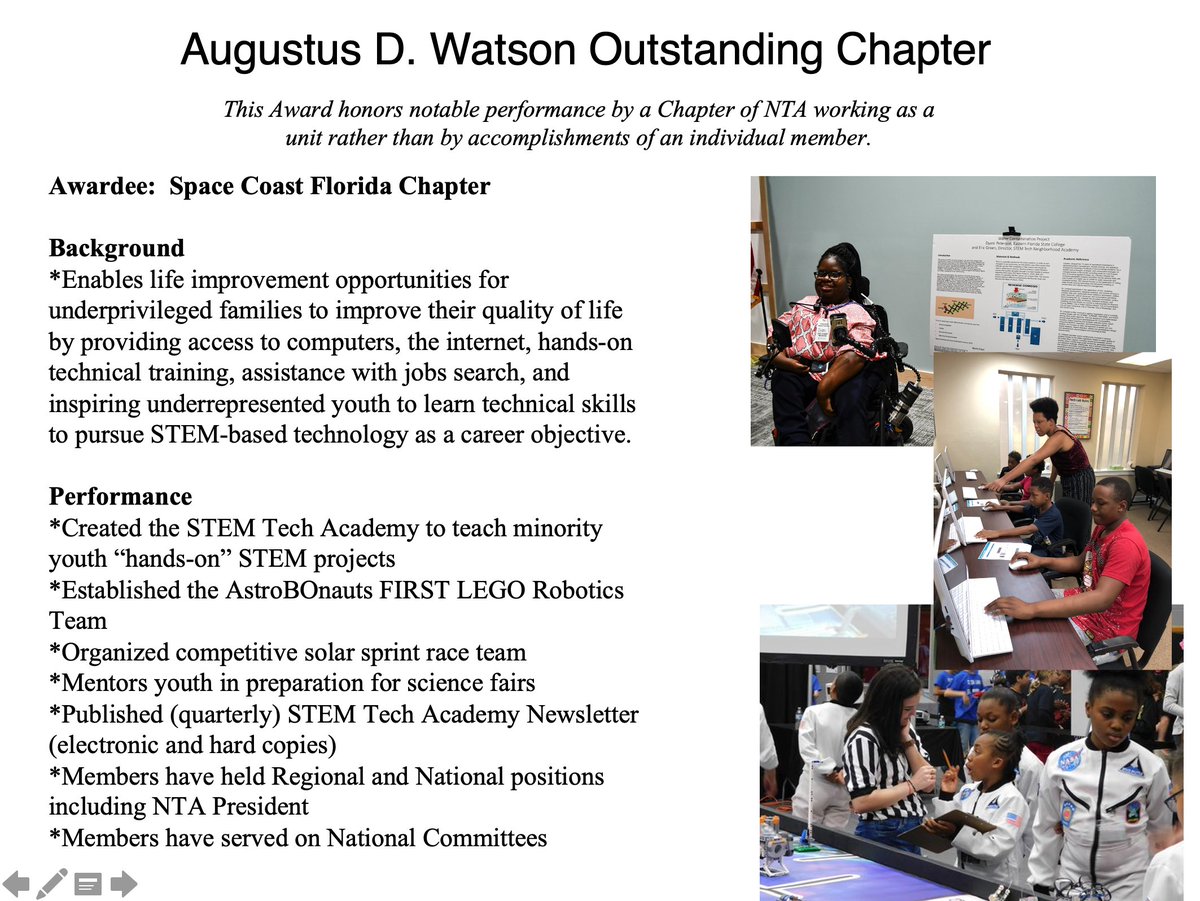 Congratulations to the Space Coast Florida Chapter for winning the Augustus D. Watson Outstanding Chapter Award at this year's conference! This award recognizes their extraordinary efforts to reach out to minority students and get them excited about STEM.
