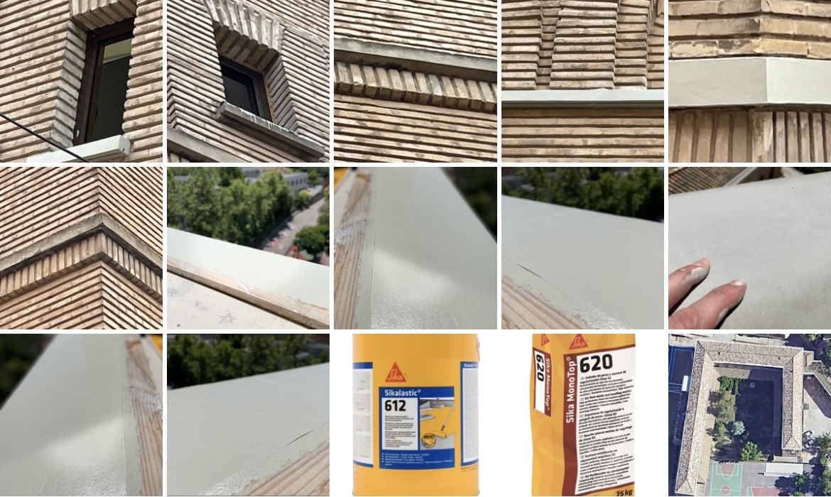 DelsoVictor's tweet photo. Así de bonitos lucen los alféizares y cornisas del edificio anexo a la Iglesia de San Antonio de Padua en #Zaragoza, que están siendo reparados con #Sika #MonoTop y protegidos con #Sikalastic de @SikaSpain https://t.co/3TRrNFEXn1