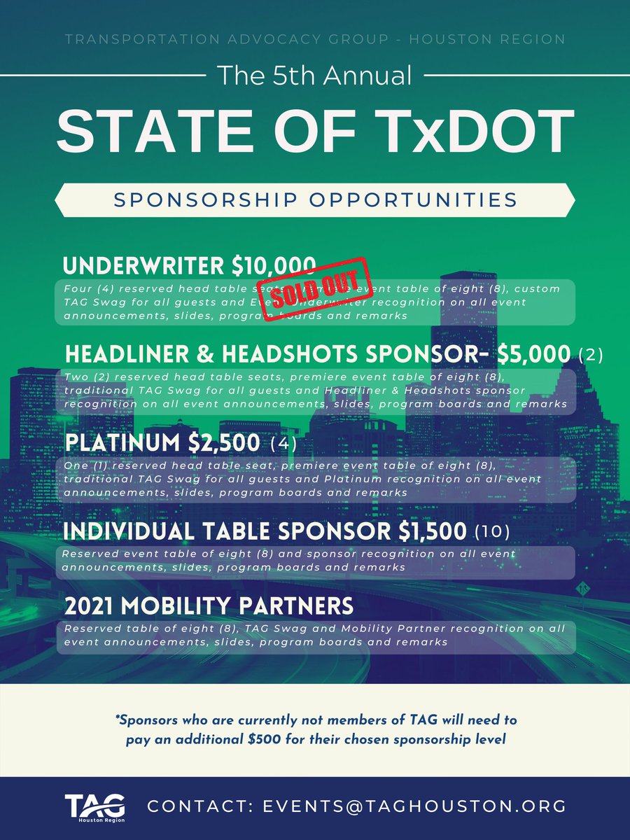 Join us at The 5th Annual 'State of <a href="/TxDOT/">TxDOT</a>' on Thursday, Oct 21st!

Listen to the latest in #transportation from: Laura Ryan, Commissioner - <a href="/TxDOTCommission/">TxDOT Commission</a> &amp; Eliza Paul, District Engineer - <a href="/TxDOTHouston/">TxDOTHouston</a> 

Sponsorship &amp; questions: events@taghouston.org
#mobility #infrastructure