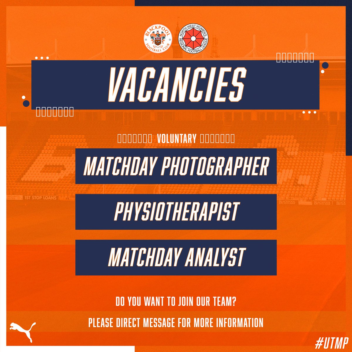 BFC1887Ladies's tweet photo. ❗️𝗩𝗔𝗖𝗔𝗡𝗖𝗜𝗘𝗦❗️

We’re looking for a Matchday Photographer, Physiotherapist and Matchday Analyst to join our club!

For more information please direct message!📥

#UTMP https://t.co/UbeTU5ZRfP