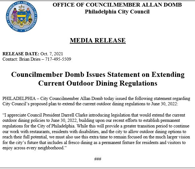 TeamDomb's tweet image. While extending the current outdoor dining regulation is a good first step, we have seen our restaurants at their full potential, and we should use this extra time to make al fresco dining a permanent fixture in Philadelphia.
phlcouncil.com/councilmember-…