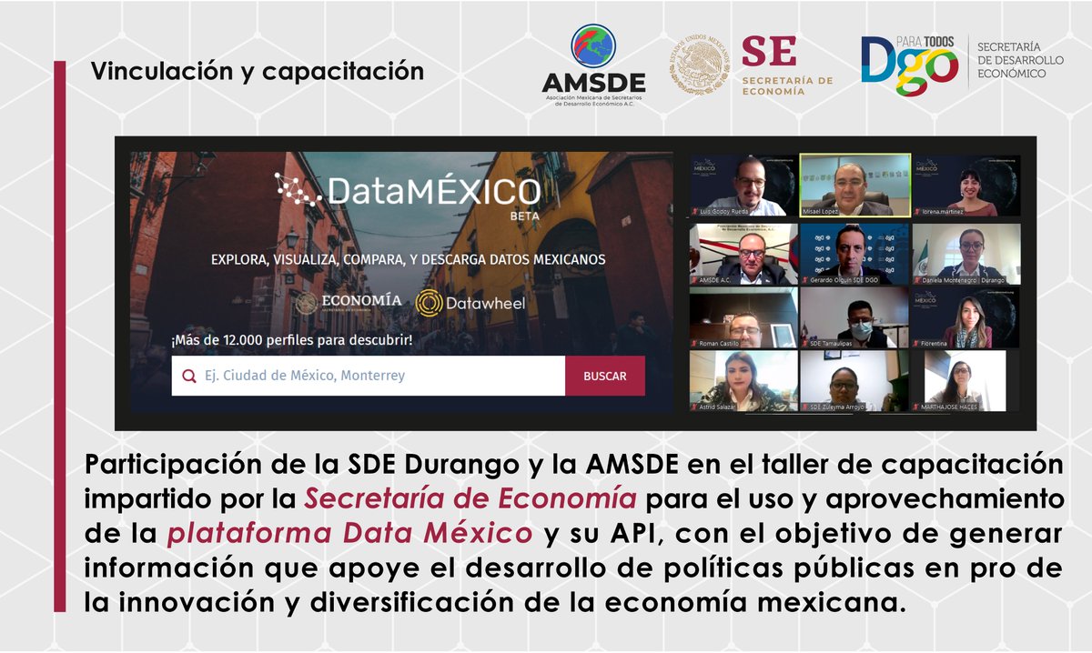 SedecoGobDgo's tweet photo. Se llevó a cabo el taller de capacitación impartido por @SE_mx a través de la Unidad de Inteligencia Económica Global sobre el uso de la plataforma #DataMexico y el aprovechamiento de su API para obtención de datos en materia de inversión, producción, empleo y comercio exterior. https://t.co/Vdc8igHINu