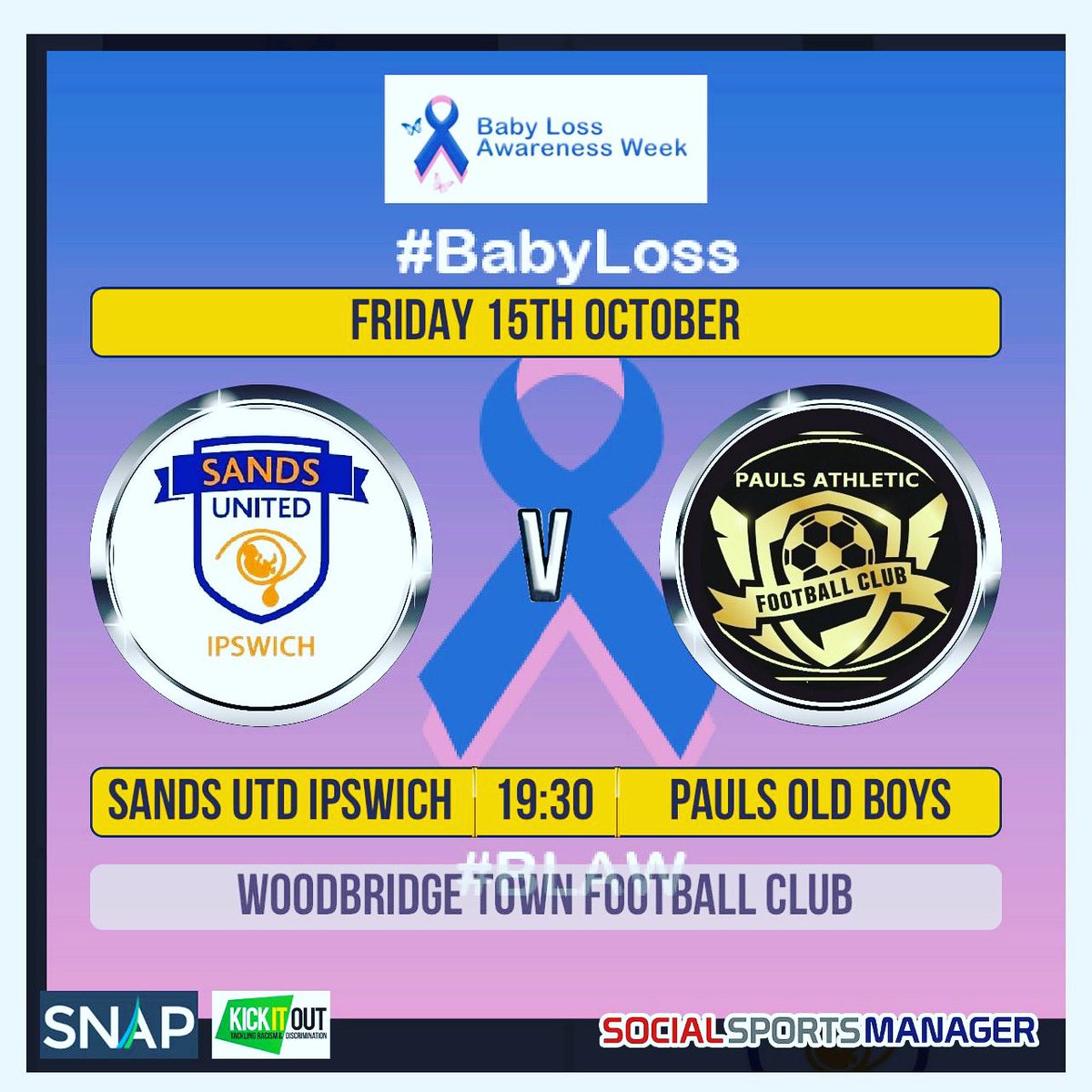 We are now just over a week until our game vs <a href="/Pauls_FC/">Pauls Athletic FC</a> Old Boys <a href="/Woodbridgetown/">Woodbridge Town FC</a>. The bar and kitchen will be open and Terry Butcher will be our manager! We are asking for donations on entry please and all money raised goes to <a href="/IPSBBG/">IpsBabyBereavement</a>. We can’t wait to welcome you all! #BLAW2021