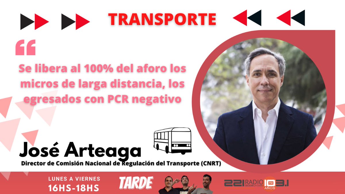 221radio's tweet image. En @tarde_programa 🧉"se libera al 100% del aforo los micros de larga distancia, los egresados con PCR negativos"👇 
 
📞 Jose Arteaga, titular de la CNRT habló en 221 radio 
 
📲 La nota acá 👉bit.ly/3Di4NE7