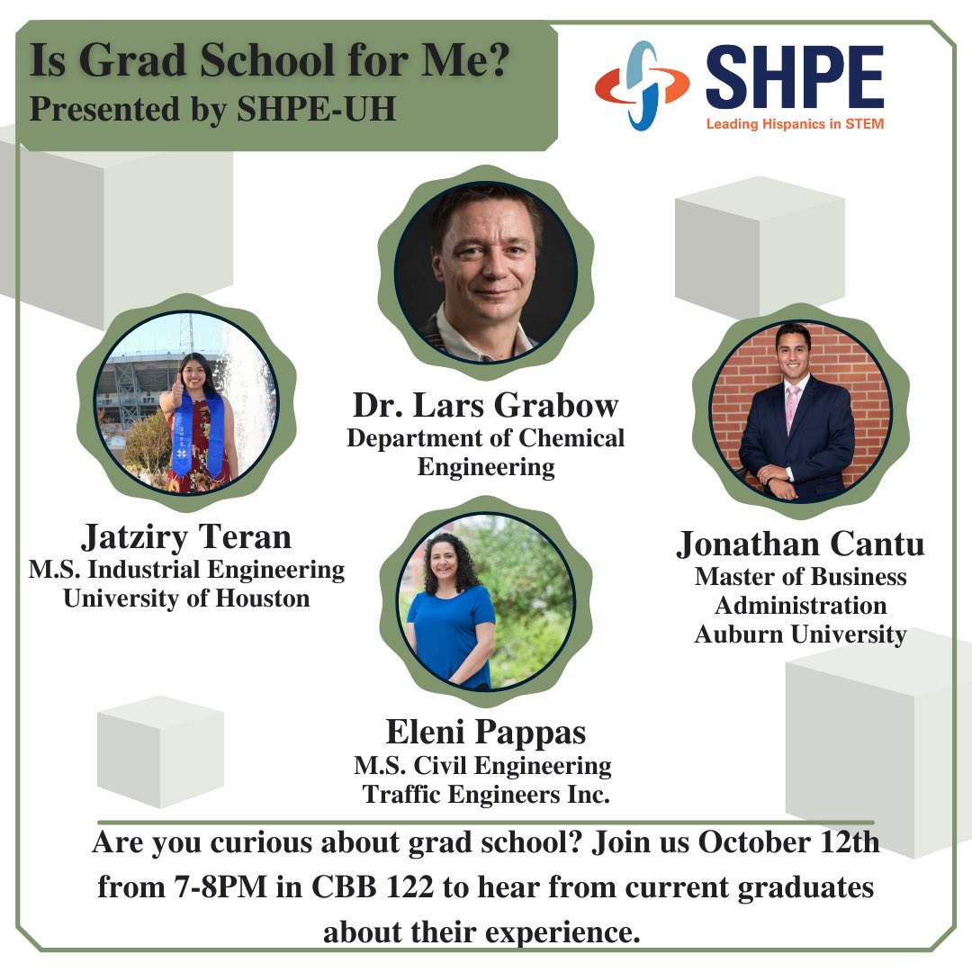 SHPE_UH's tweet photo. Are you curious about graduate school? Join us next Tuesday to hear from professionals and current grad students about their graduate experience!

RSVP in bio

#SHPE #SHPEUH #SHPEresent #UHengineering #SHPEregion5 https://t.co/Jqnvaw7ORe