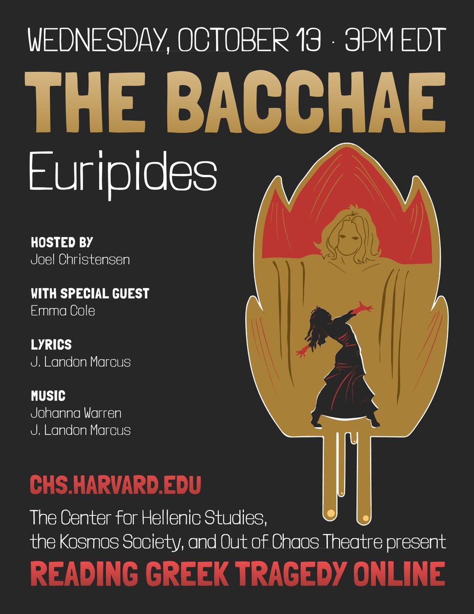 Next Wednesday, Reading Greek Tragedy Online Returns from <a href="/HellenicStudies/">Center for Hellenic Studies</a> and <a href="/wordsofchaos/">Out of Chaos</a> returns with a special version of the Bacchae

October 13th, 3pm EDT. Original Lyrics and Music by J. Landon Marcus and Johanna Warren with special guest Emma Cole