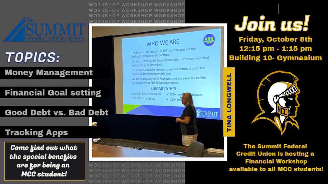 Join us tomorrow! The Summit Federal Credit Union will be on campus offering a Financial Literacy workshop to all students!