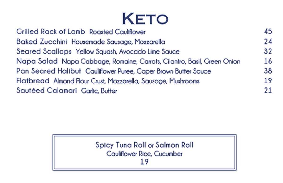 bigfatsurprise's tweet photo. In New York city, the Ribbon restaurant on W. 72nd St. has a special Keto section.

The rest of the menu is pretty great, too. https://t.co/YRPUqsqeZX