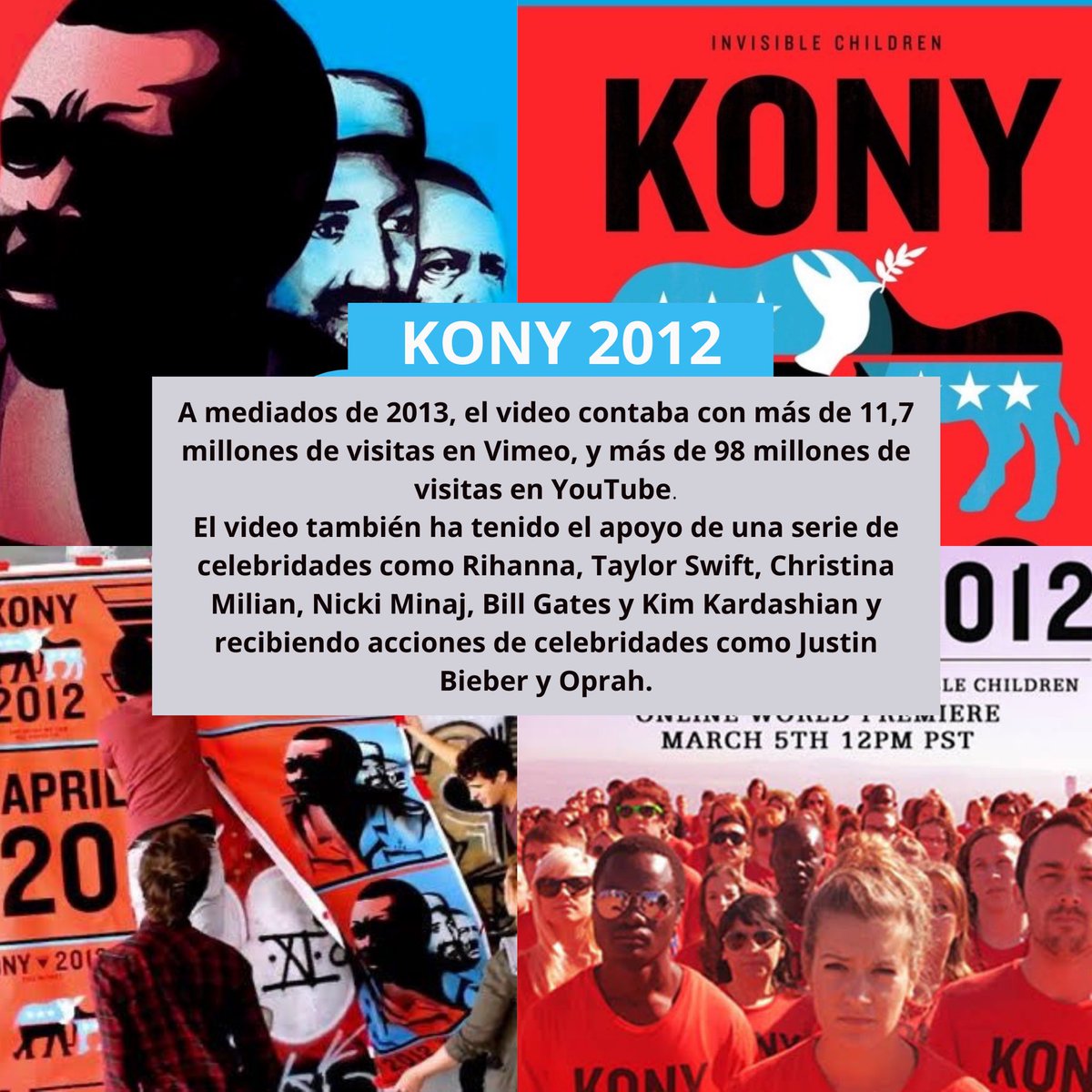 Bbybunyyy's tweet photo. “KONY 2012” es el nombre que recibe el documental que se ha hecho famoso en YouTube, con más de 100 millones de vistas. El objetivo de la campaña era impulsar la captura del líder de los rebeldes ugandeses del L.R.A, Joseph Kony quien secuestraba niños y niñas en Uganda,África. https://t.co/lfGDT8jwkC