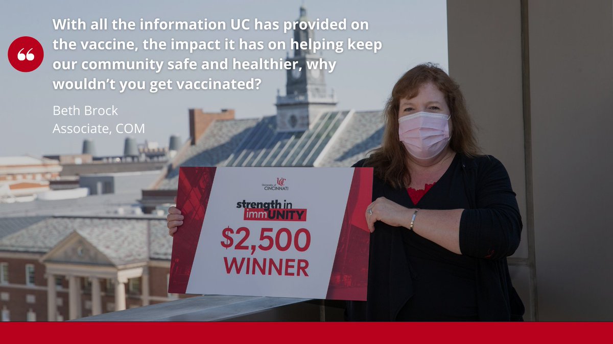 uofcincy's tweet photo. “I appreciate the proactive and compassionate way the university has responded to the pandemic in keeping students, faculty and staff safe. The generosity of having this contest was just another added perk.” - Beth Brock. #StrengthInImmUNITY

🔗: https://t.co/G1ahCLMGrL https://t.co/bXhJTZ02mt