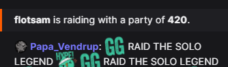 flotsamtv's tweet photo. After Day 4 of #SoloLegends showcasing nonstop epic action, I open our discord to find...

Clips of the tourney: 1

Screenshots of us raiding with 420 viewers: 69 https://t.co/vNQQ9GBVmu