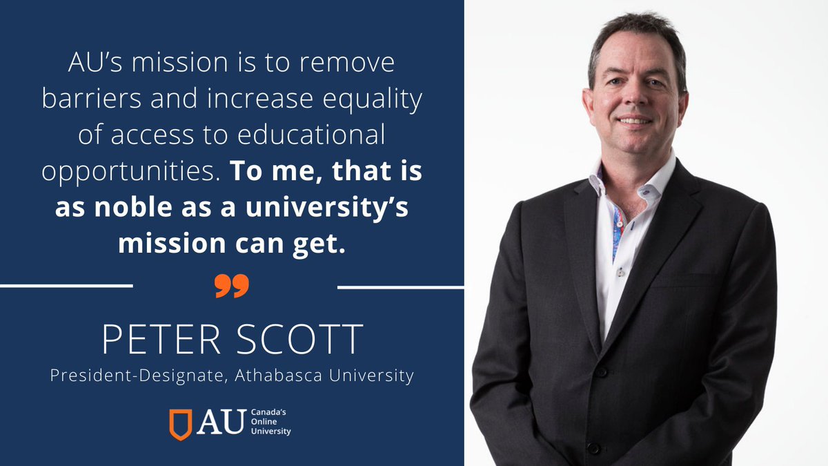AthabascaU's tweet photo. After an extensive global search, we are proud to announce that Prof. Peter Scott (@peter_scott) will be #AthabascaU’s next president! We are excited that his passionate and future-focused vision will help evolve the AU learner experience.   https://t.co/KJ2NhwXrGu #CDNpse https://t.co/5AjWGHnVjr