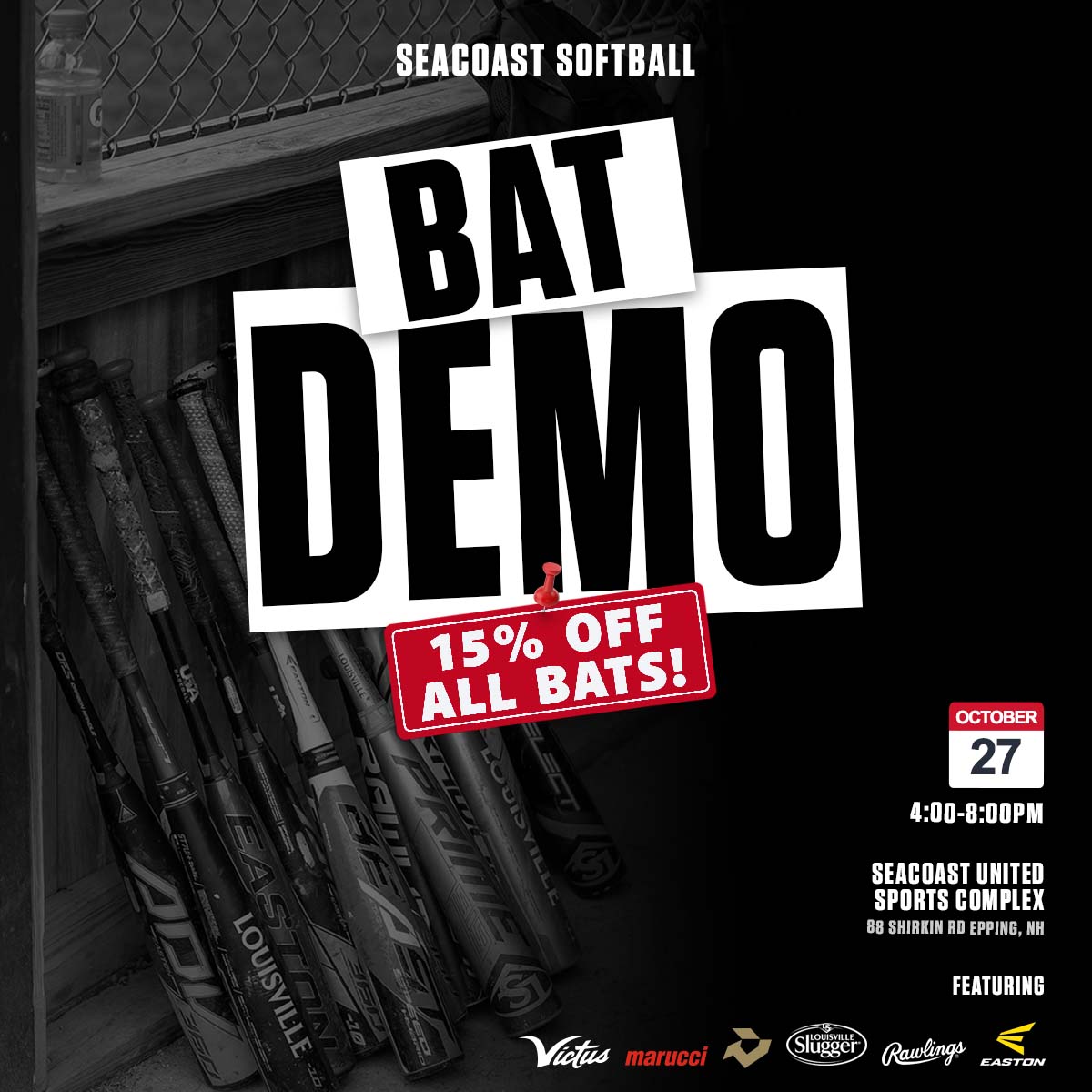 seacoast_soft's tweet photo. Mark the calendars for our bat demo night! Come join us at the Seacoast United Sports Complex in Epping to try out all the newest bats. Our Seacoast families save 15% 😲 https://t.co/KgU5lvMD8Z