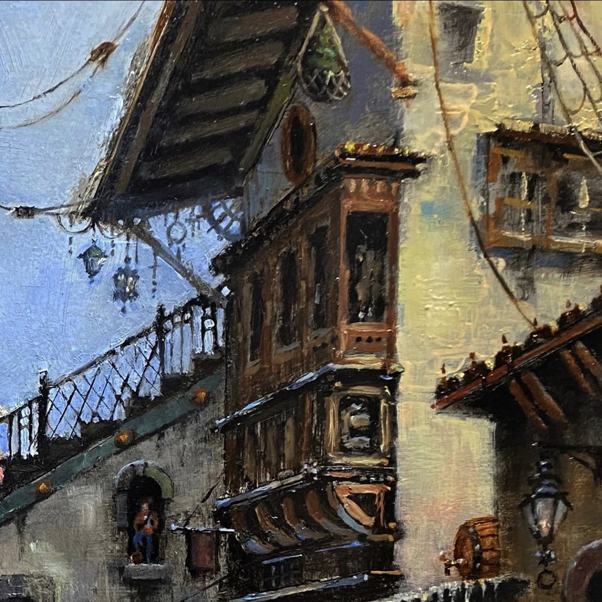 Bravadopaint's tweet photo. “Pirate’s Alley”  (Detail) BRAVADOPAINT    #Grabowski•••••••••••••••••#art #fineart #painting #impressionism #realism #style #design #pirates  #port #alley #coast #Caribbean #BlackSails #pirateship #outdoors #architecture #rigging #skullandbones #JollyRodger #rum https://t.co/LaVk7u8NtY