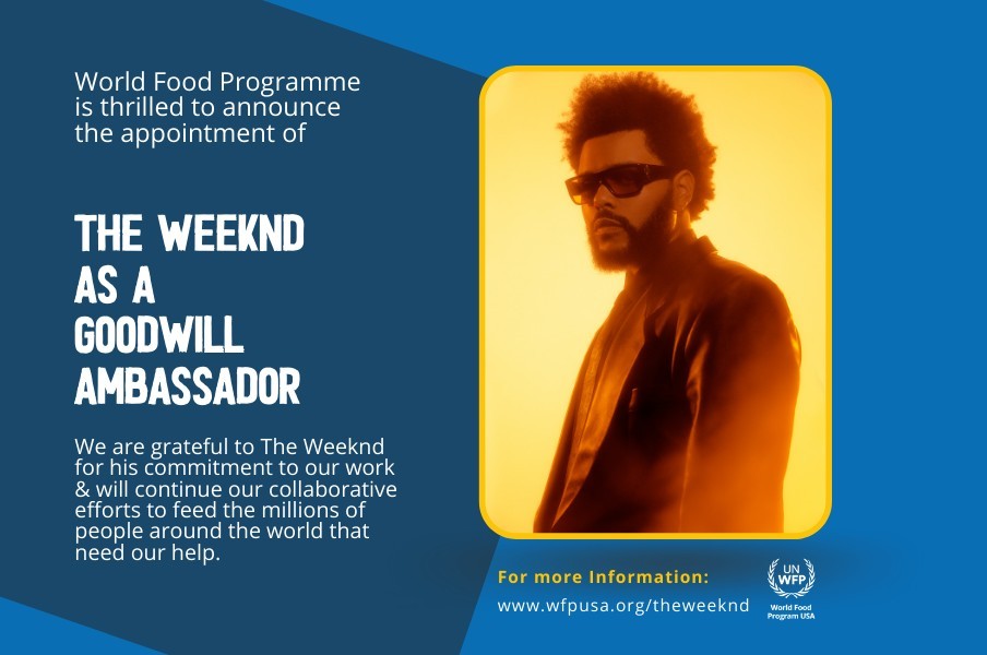 I'm excited to welcome <a href="/theweeknd/">Abel Tesfaye</a> to our team as a Goodwill Ambassador for <a href="/WFP/">World Food Programme</a>! 

I'm humbled by Abel's support of <a href="/WFPUSA/">World Food Program USA</a> &amp; his willingness to use his platform to bring attention to the 811 million people around the 🌎 facing hunger ➡️ bit.ly/2WRkXEX. #USAgainstHunger