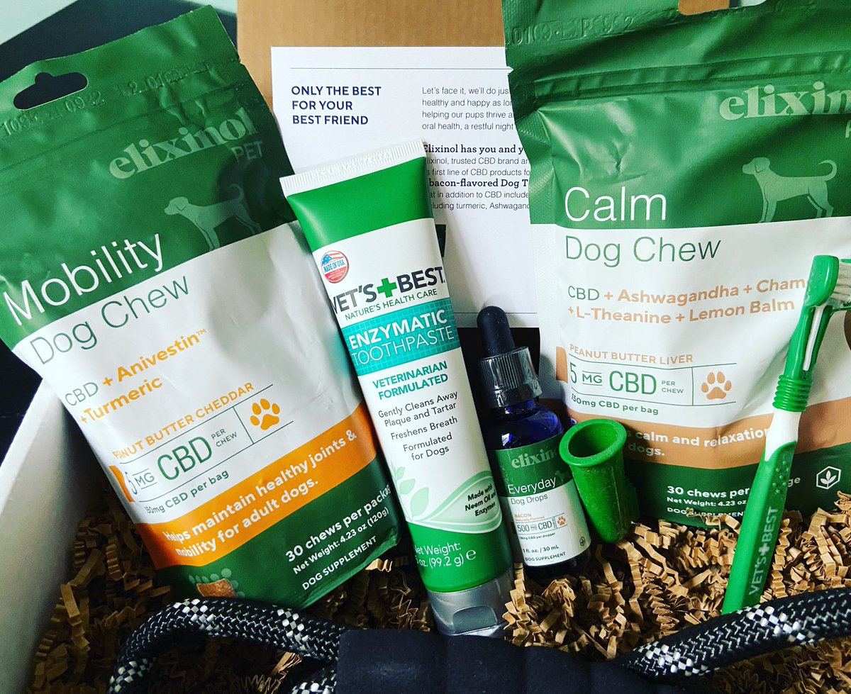 dibright's tweet photo. Such a great pet bundle via @ElixinolCBD —from #cbdforpets tincture to dog chews and toothpaste. #amreviewing #cbd #cbdfordogs #cbdchews #naturalpetremedies 🍃 https://t.co/OiBCTiadte