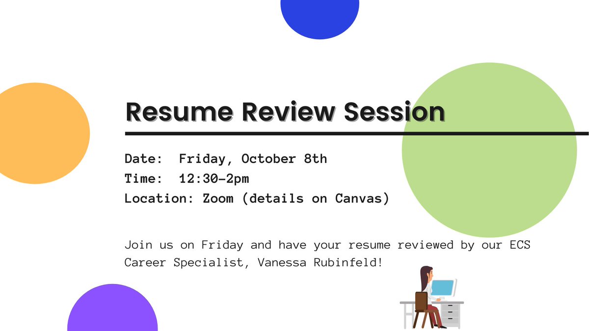 csuf_wicse's tweet photo. We are having a Resume Review Session on Friday, 10/8 from 12:30-2pm PST! Prepare for the STEM Internship and Career Fair, and meet with our ECS Career Specialist to get tips and feedback! #wicse #csuf #wicsecsuf #grad https://t.co/uVrkEC4NIQ