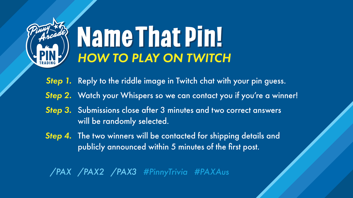 pinny_arcade's tweet photo. The #PAXAus edition of Name That Pin kicks off today! Here's today's schedule and a breakdown of how to play. More rules and information here: https://t.co/VbK1r93xrH #PinnyTrivia https://t.co/MmjzfCcbtI