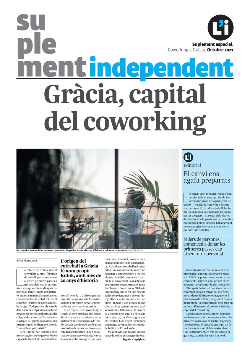 indepe_gracia's tweet photo. SUPLEMENT: Gràcia, capital del coworking. El districte suma més de 40 espais de cotreball. Llegeix-lo a https://t.co/0f12R6SQaZ #suplementindependent #viladegràcia https://t.co/DzpafPjgrf