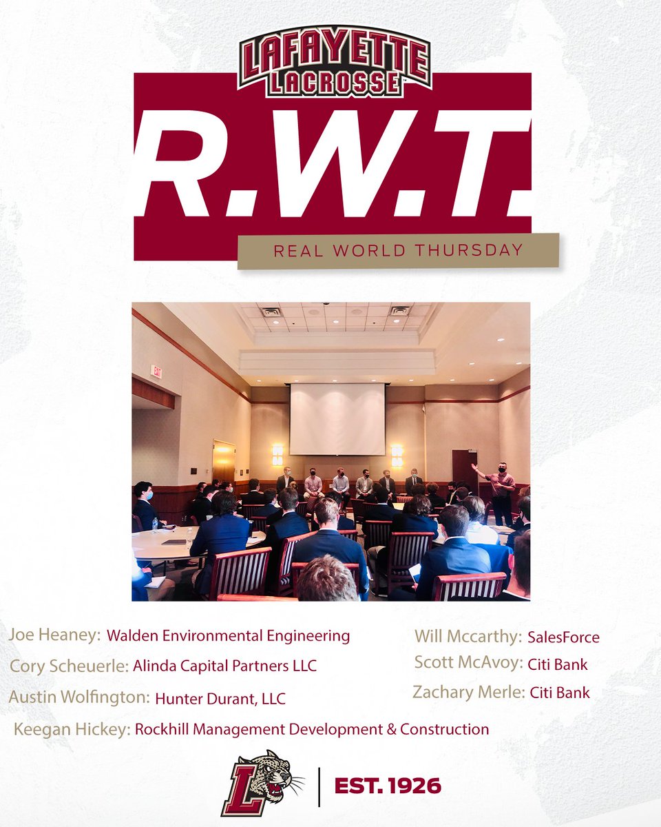 LafayetteMLAX's tweet photo. Our Sixth Real-World Thursday was truly a special day here at Lafayette. Our whole team welcomed Six leading professionals in their career field for our Job &amp; Networking Day! Head over to our Instagram account to read all about what our team learned this week! #RealWorldThursday https://t.co/tVhvWlVNRS