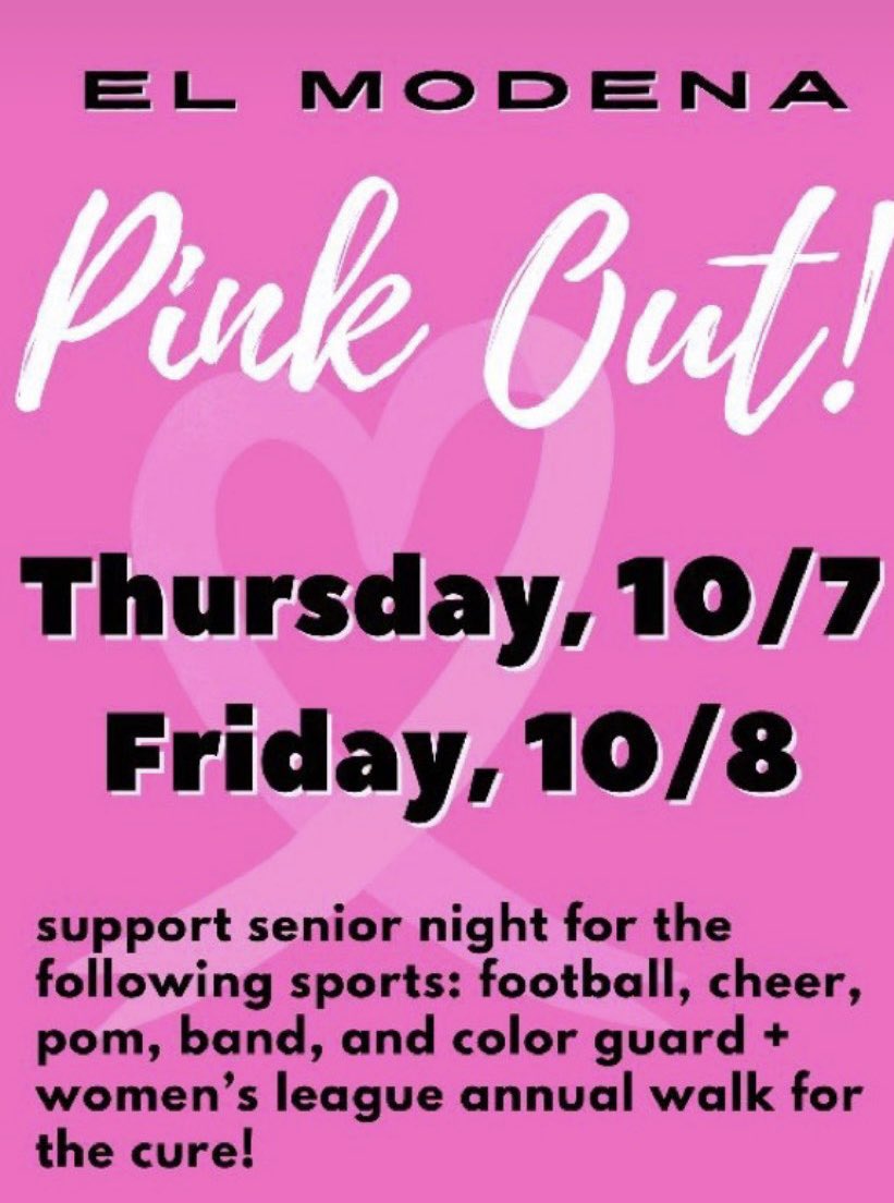 ElModenaHS's tweet photo. Our Vanguards have some fun events coming up!! #elmodena #vanguards #vanguardnation #pinkout https://t.co/opjuzkqm5n