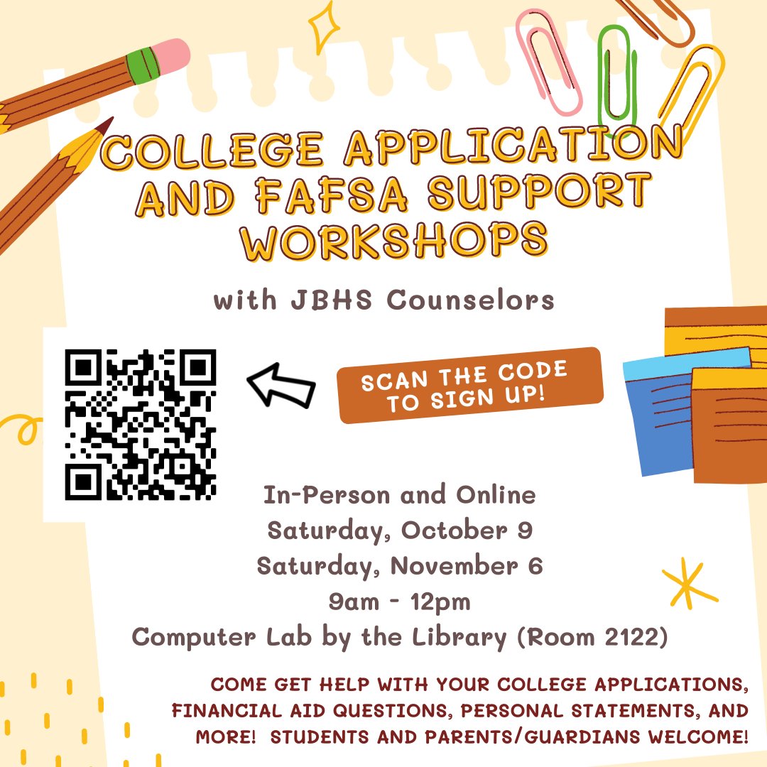 JBHSGuidance's tweet photo. Need help with your college and financial aid application?  Stop by our support workshop on Saturday from 9am - 12pm in the computer lab by the library.  Bring your Chromebook and enter through Parish Alley! https://t.co/THkF3WHgit