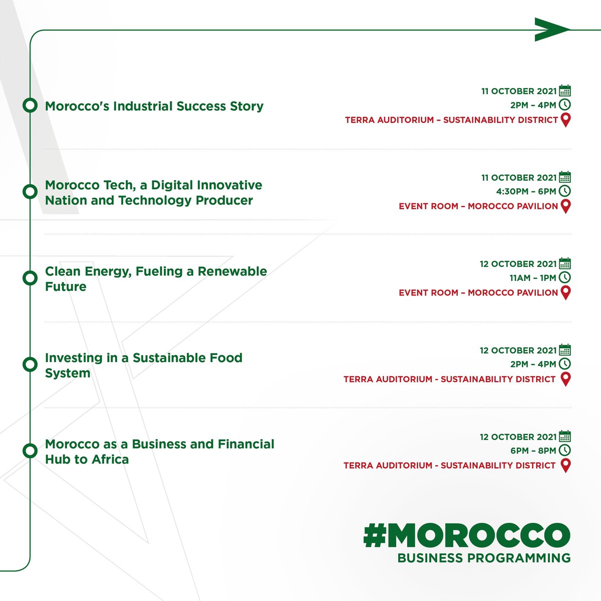 MarocDubai2020's tweet photo. إليكم البرنامج الكامل لأسبوع👆🇲🇦 المغرب ،مركز عالمي للاستثمار🇲🇦.سيحضر خلال هذا الأسبوع وفد من الفاعلين المغاربة، من القطاعين العام والخاص، بهدف تقديم الفرص الاستثمارية التي تتيحها المملكة والترويج لها. 
@expo2020dubai 
#Expo2020 #Dubai #UAE #Morocco #BusinessProgramming https://t.co/pb4wQc88si