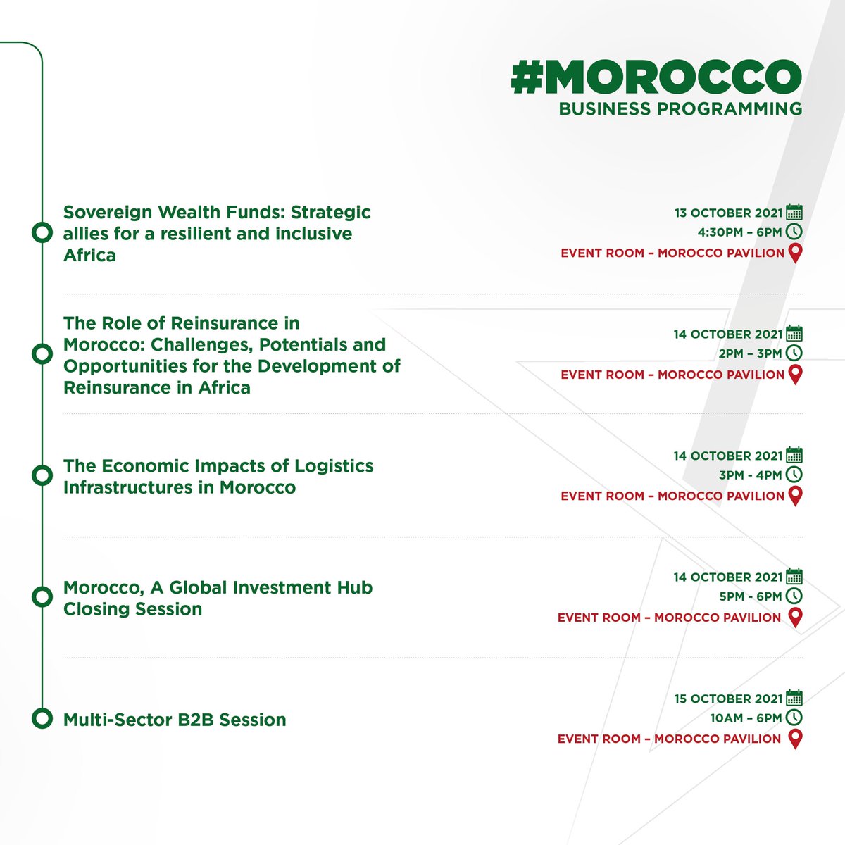 MarocDubai2020's tweet photo. إليكم البرنامج الكامل لأسبوع👆🇲🇦 المغرب ،مركز عالمي للاستثمار🇲🇦.سيحضر خلال هذا الأسبوع وفد من الفاعلين المغاربة، من القطاعين العام والخاص، بهدف تقديم الفرص الاستثمارية التي تتيحها المملكة والترويج لها. 
@expo2020dubai 
#Expo2020 #Dubai #UAE #Morocco #BusinessProgramming https://t.co/pb4wQc88si