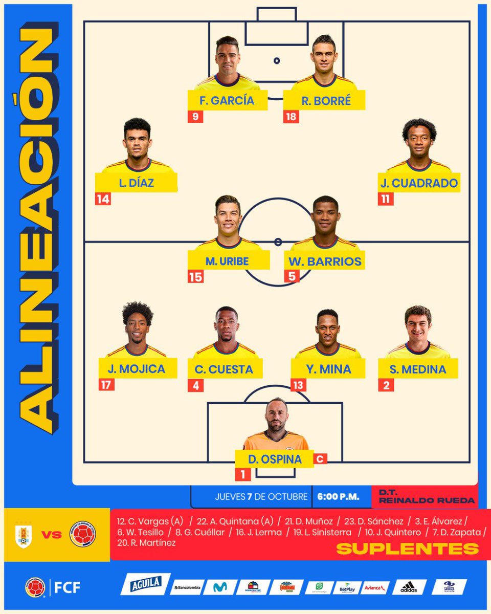 FCFSeleccionCol's tweet photo. 🚨 ¡TITULAR!

Este es nuestro 11 inicial para enfrentar a @Uruguay

#VamosColombia 🇨🇴 https://t.co/dOi7FlsRo5
