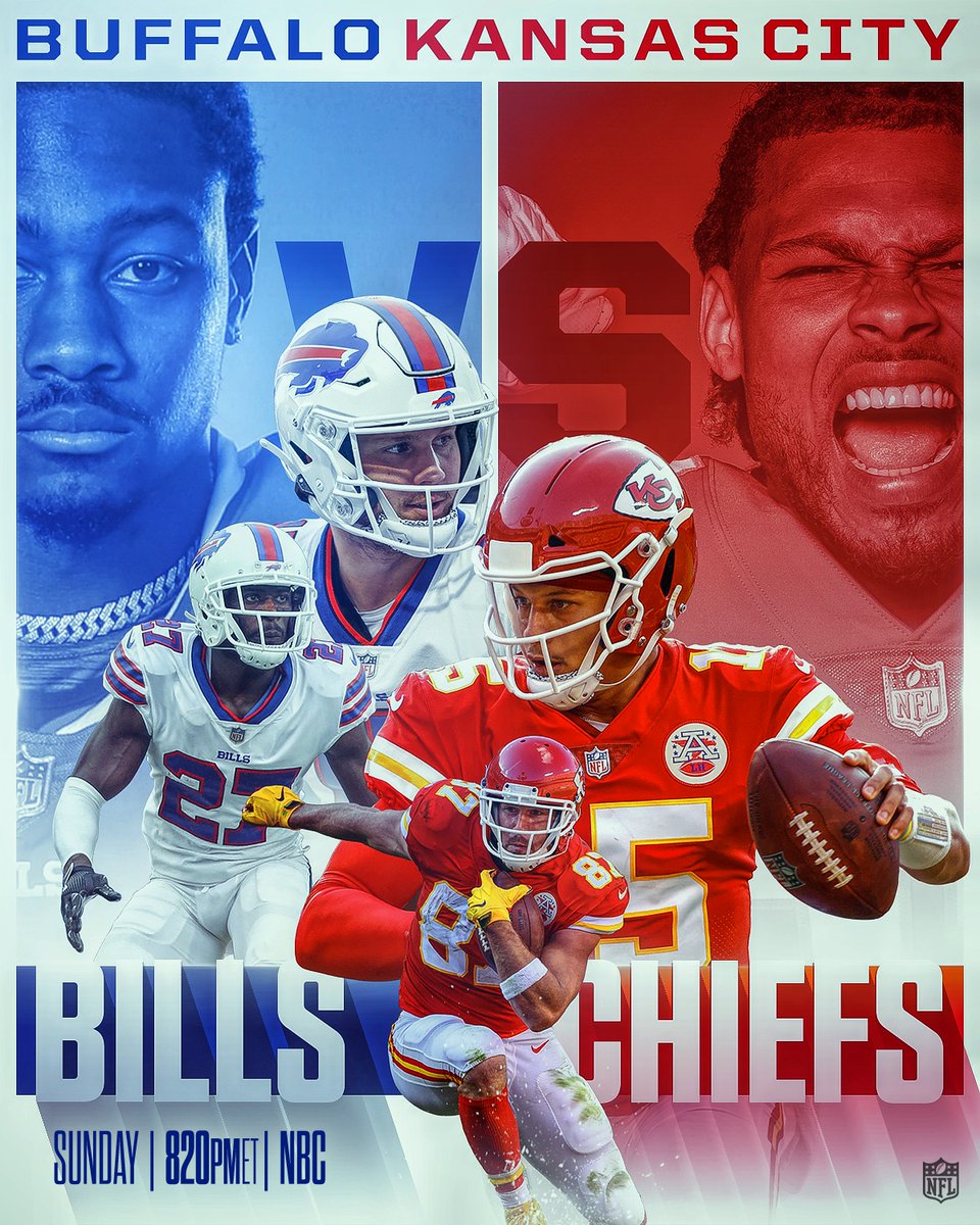 NFL's tweet photo. Bills. Chiefs.
2020 AFC Championship Game rematch.
Sunday Night Football.

This one's going to be good 🔥

#BillsMafia | #ChiefsKingdom

📺: #BUFvsKC -- Sunday at 8:20pm ET on NBC
📱: NFL app https://t.co/zDPzxiWUwA