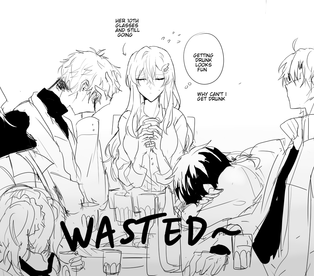 [OC] i forgot if i've said this or not but alcohol tolerance from highest to lowest:
Fyna >>>>>> Artemis > Ray > Kleine = Seth > Vero 