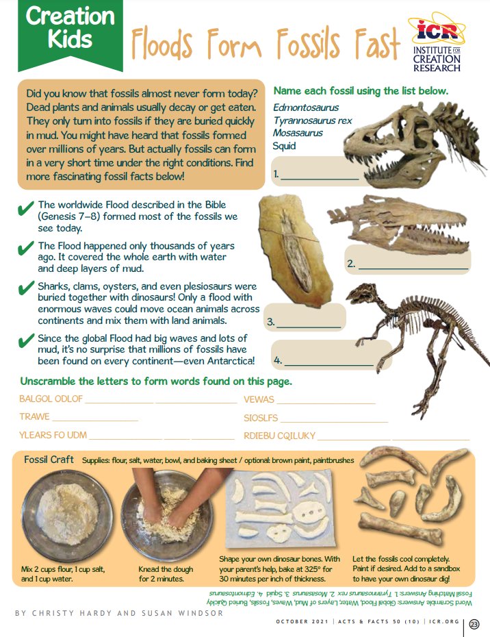 ICRdiscovery's tweet photo. 🦖 Did you know that fossils almost never form today? You might have heard that fossils formed over millions of years. But actually fossils can form in a very short time under the right conditions.

FREE #CreationKids #printable: https://t.co/Sww7C2bztH

@ICRscience https://t.co/tWpxfwh7gs