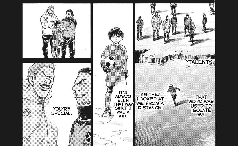 ao ashi 269

kitano's story didn't disappoint. i love his simple desire to improve in football and his distaste in being isolated due to his 'talent.' he wants a place where he can go beyond his current abilities, and narimiya was the only one who provided that support 