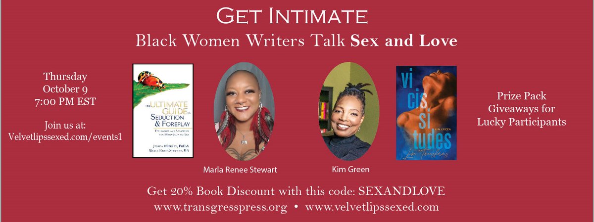 Transgresspres1's tweet photo. We're about to Get Intimate w/ Kim Green and Marla Stewart on matters of sex, love and intimacy. Please join us. @PublishingTrans @BlackLGBTQplus @emdanyell @blkwomenradical @TransBucket @trans_lit @WOCInRomance @blackchicklit @QueerWOCpod @QueenRedPanda @vaginalfantasy https://t.co/TLrLEnE1JA
