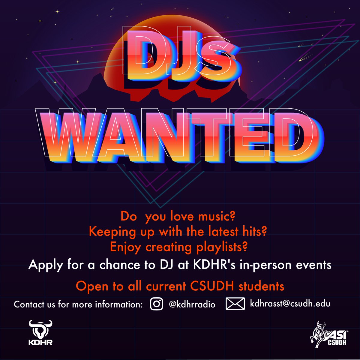 🤘CALLING ALL DJ's🤘

KDHR wants you! Join the team and be a part of our in-person events.

Open to all current CSUDH students🤗