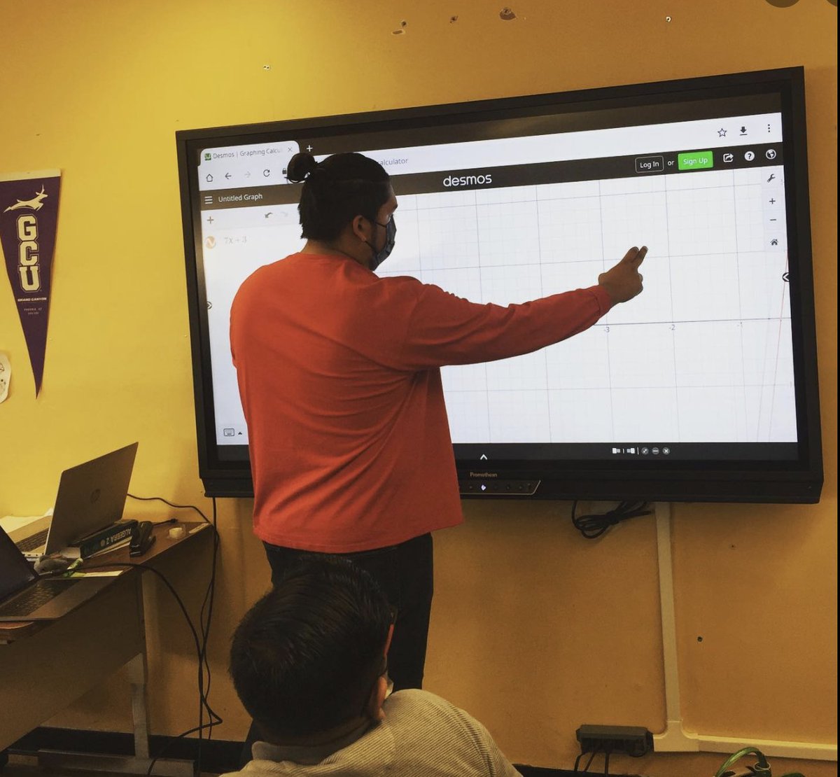 EdTech_TUSD's tweet photo. Cholla High’s Geometry teacher Mr. Alegria takes his new Promethean Panel for a “test drive” using the Desmos graphing website. It’s a perfect pairing for Mr. Alegria& his students ❤️🍐!! @LearnPromethean @desmosinc #prometheanpanel #mathintheclassroom @tucsonunified #STEM https://t.co/OfYiDRbc0P