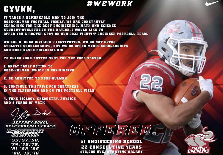 I’m very excited to say I’ve received an offer from Rose-Hulman! 🏈 🔥<a href="/RoseHulmanFB/">Rose-Hulman Football</a> <a href="/Coach_Fries/">Andy Fries ❄️</a>