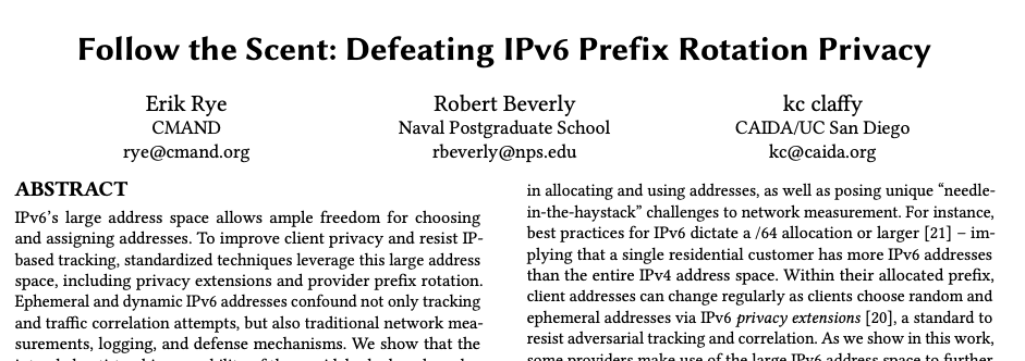 BadCksum's tweet photo. IPv6 really is deployed differently.  With @gigaryte @cmandlab and @caidaorg, our @ACM_IMC2021 work measures provider prefix rotation and defeats privacy therein.  Paper: https://t.co/cZ7oH1K3rg https://t.co/EYLOfSyxxc
