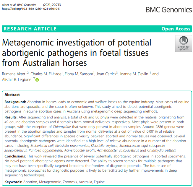 ApcahUnimelb's tweet photo. New #FVASresearch from former PhD (now graduated!) student Dr Rumana Akter. Continuing her work investigating causes of abortion in horses - this time using metagenomic sequencing approaches - published in @BioMedCentral Genomics
https://t.co/PfnDGlGC4S
๐งตThread๐ https://t.co/hv72k76iHl