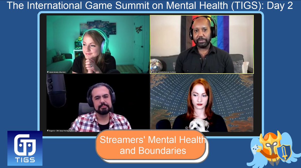 TIGSummit's tweet photo. 🔴 NOW LIVE: Streamer Mental health &amp; Boundaries – Brian Gray, Eugenio Vargas and Kelli Butler with Mxiety

https://t.co/KqiSYWrYgT
@urbanbohemian
@DMJazzyHands
@theoperageek
@mxiety

#gamedev #mentalhealth  @TakeThisOrg https://t.co/ydctJZoW8C