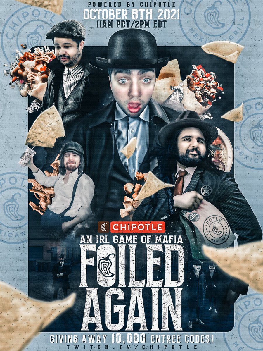 OTKnetwork's tweet photo. FOILED AGAIN 🔎

An IRL Game of Mafia w/
@REALMizkif 
@Asmongold 
@nmplol 
@EsfandTV 
@RichWCampbell 
&amp; Friends!

We're giving away 10,000 FREE @ChipotleTweets Smoked Brisket entrée codes!! #ChipotlePartner // https://t.co/elAp09A1tH 

TOMORROW @ 1 PM CST
https://t.co/XYU1gz7BPR https://t.co/ykUuI818d5