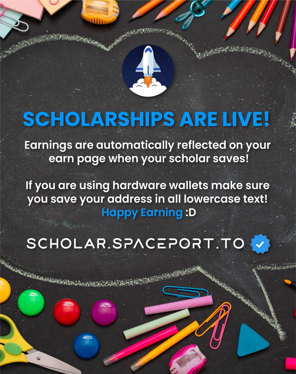 SpaceportU's tweet photo. SCOLARSHIPS ARE LIVE! 📝🔥

Both manager and scholar need SPU tokens to start earning, caps are individual per person. Earnings are automatically reflected on your earn page when your scholar saves! Available at https://t.co/NTkkM5KwPq ✅

#PlayToEarn #NFTGame #SpacePortUniverse https://t.co/JPV9XRq8BB