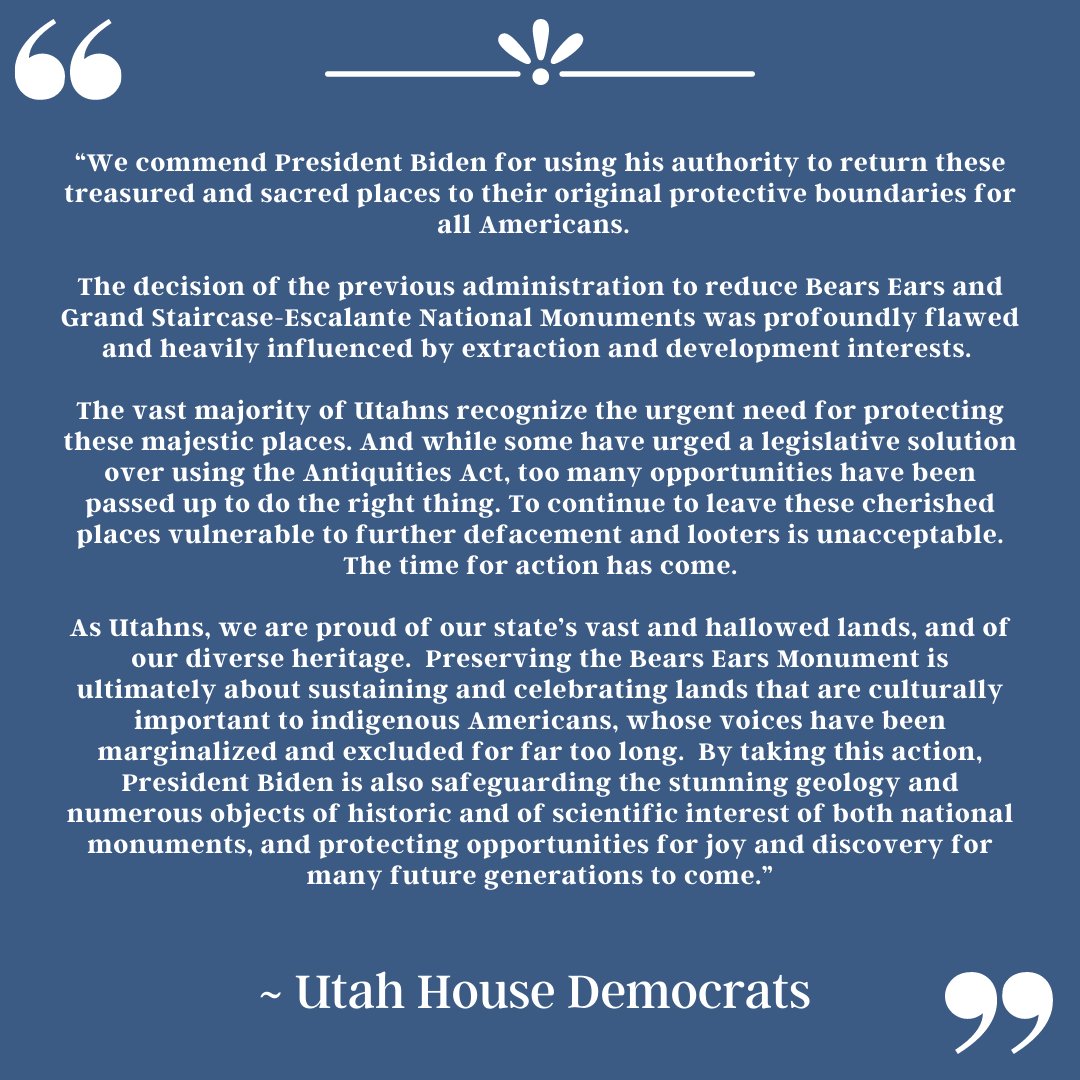 Utah House Democrats (@utahhousedems) on Twitter photo Our caucus has the following statement on <a href="/POTUS/">President Donald J. Trump</a> President Biden’s action to restore protections for Bears Ears and Grand Staircase-Escalante National Monuments. #utpol #utleg Our caucus has the following statement on <a href="/POTUS/">President Donald J. Trump</a> President Biden’s action to restore protections for Bears Ears and Grand Staircase-Escalante National Monuments. #utpol #utleg