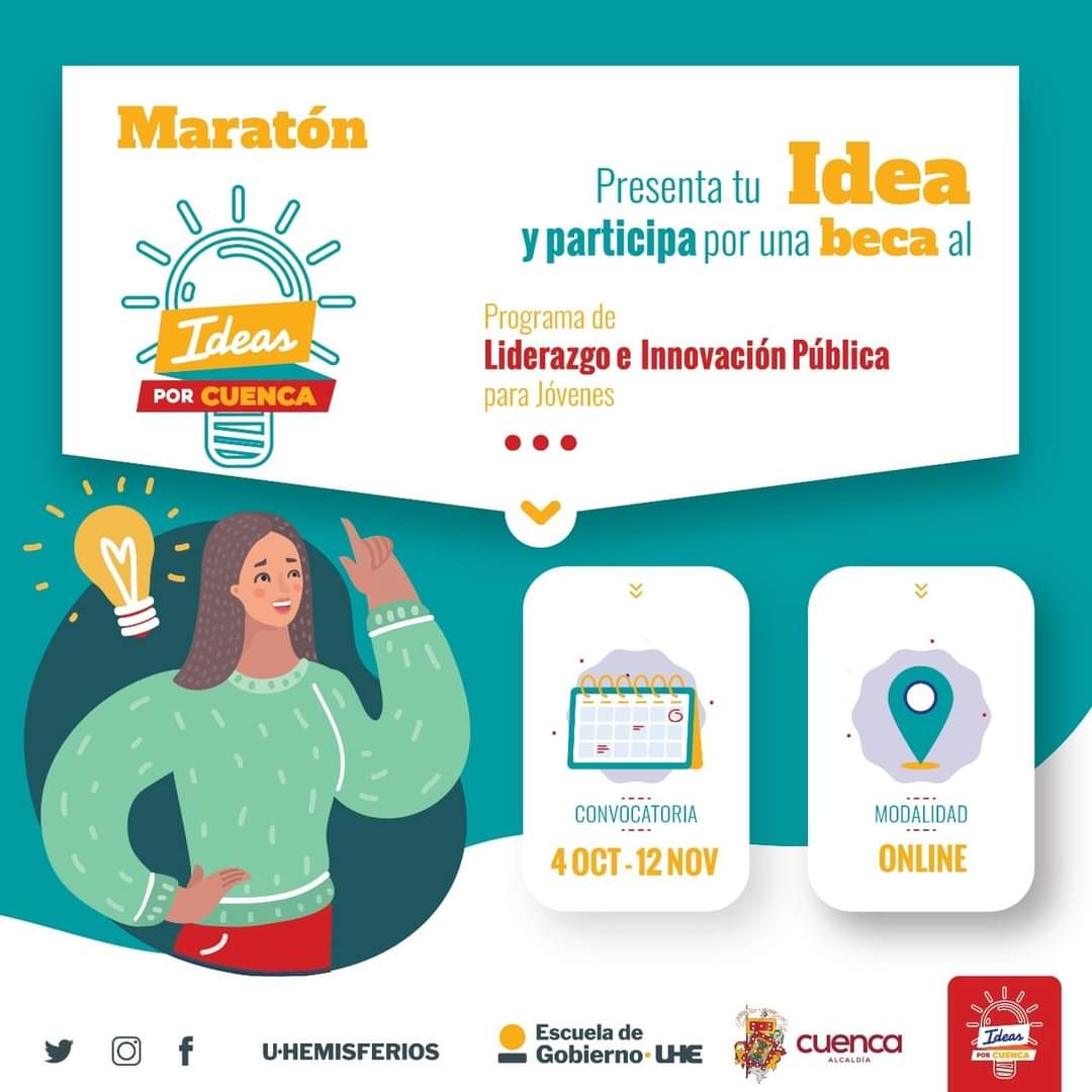 Hoy junto al <a href="/MunicipioCuenca/">Municipio Cuenca</a> lanzamos la campaña, #IdeasPorCuenca para fomentar el liderazgo en los jóvenes de la ciudad, únete a esta maratón.

Conoce los requisitos y bases de la convocatoria en:
ideasporcuenca.com